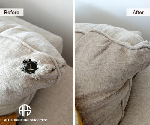 Animal Damaged Fabric Sofa repair stitch tear fabric restoration patch dog cat bite tear chunk missing upholstery